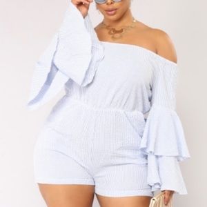 Blue & White Striped Romper w/ POCKETS